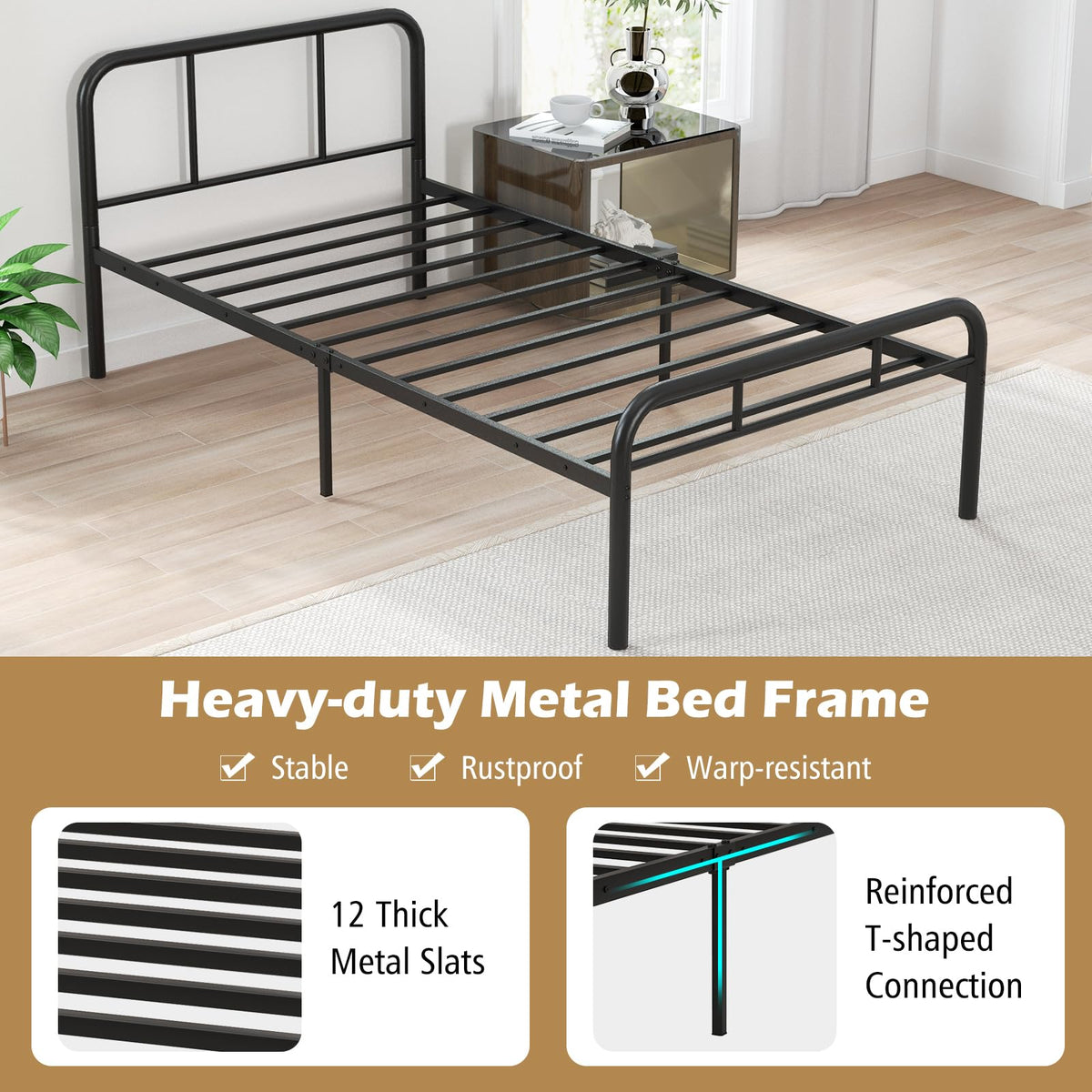 Goflame Twin Size Bed Frame, Modern Metal Platform Bed with Headboard and Footboard, Heavy Duty Steel Slat Support Mattress Foundation