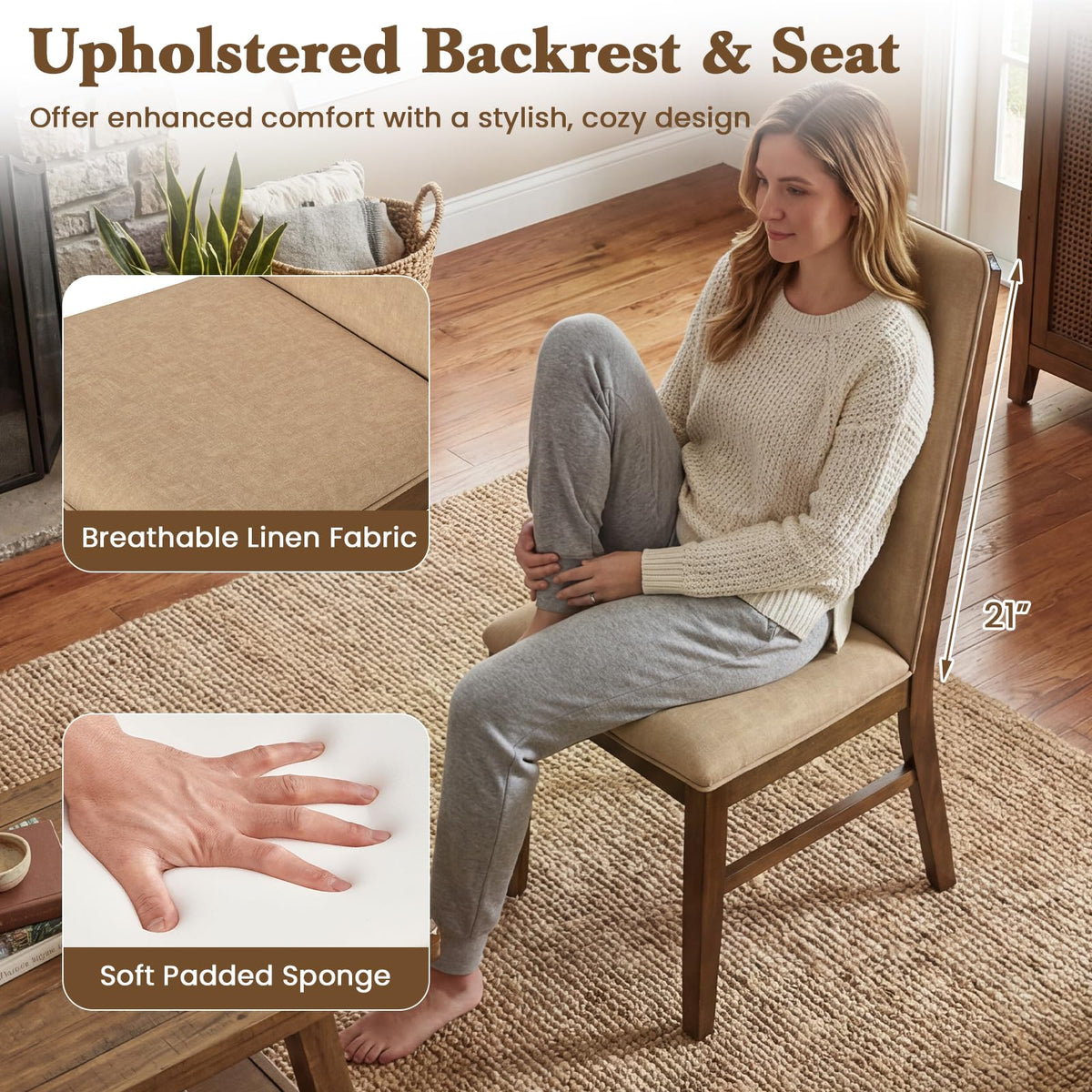 Goflame Upholstered Dining Chairs | High Back Padded Fabric Kitchen Chairs with Solid Rubber Wood Legs