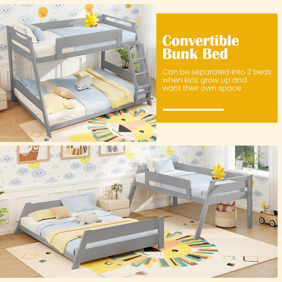 Goflame Wood Bunk Beds Twin Over Full Size, Solid Wood Floor Low Bunk Bed w/Removable Ladder