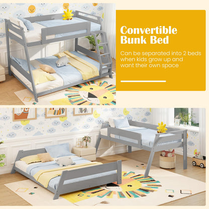 Goflame Wood Bunk Beds Twin Over Full Size, Solid Wood Floor Low Bunk Bed w/Removable Ladder