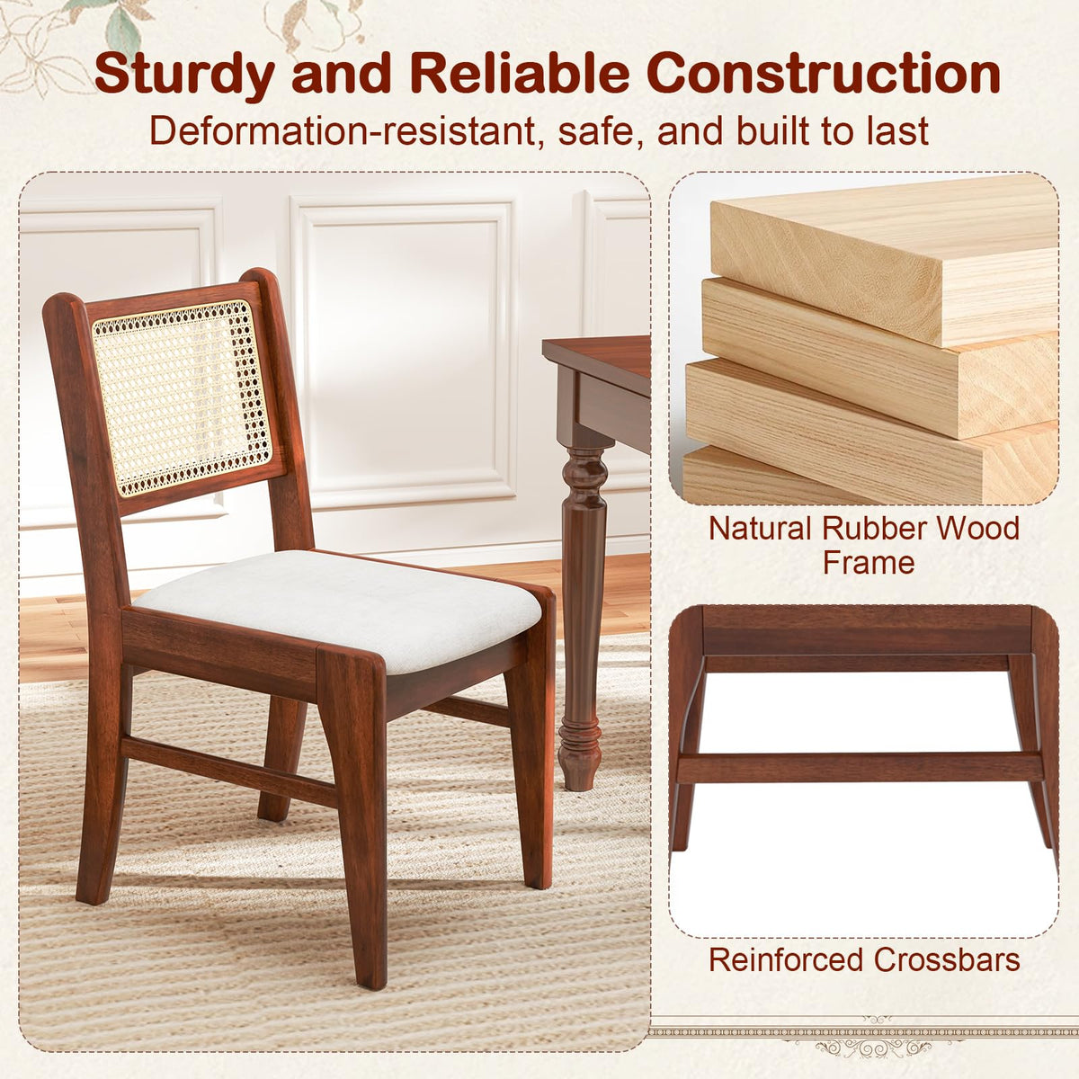 Goflame Rattan Dining Chairs Set of 2/4, Wooden Kitchen Chairs w/Cane Back, Rubber Wood Frame