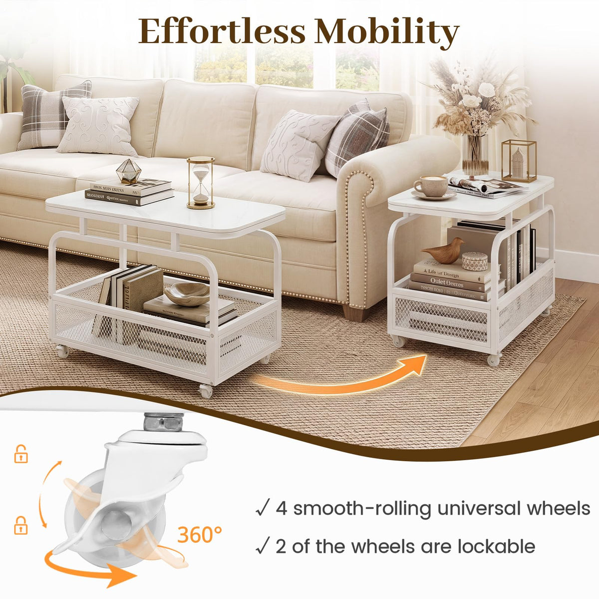 Goflame Rolling Side Table | 2-Tier End Table with Mesh Storage Basket (1/2)