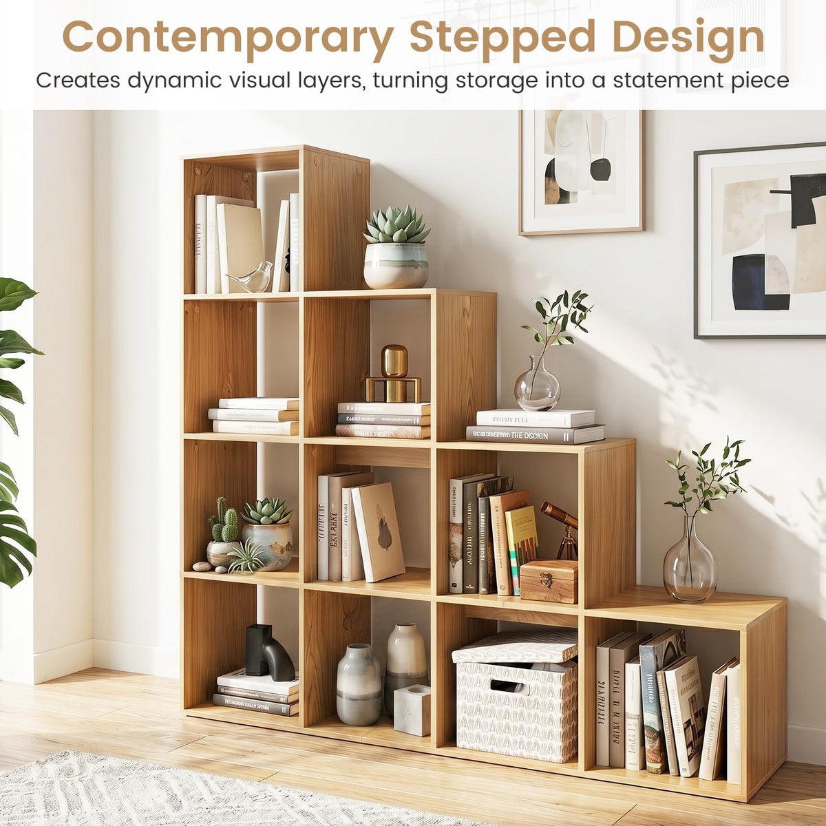 Goflame 51" Wooden 10-Cube Stepped Bookcase for Living Room