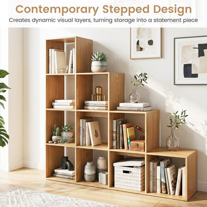 Goflame 51" Wooden 10-Cube Stepped Bookcase for Living Room