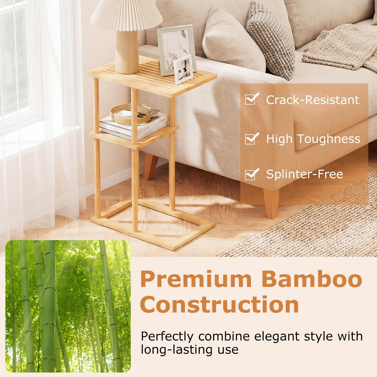 Goflame Side Table Set of 2 with Storage Shelves and Bamboo Construction