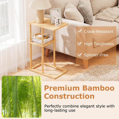 Goflame Side Table Set of 2 with Storage Shelves and Bamboo Construction