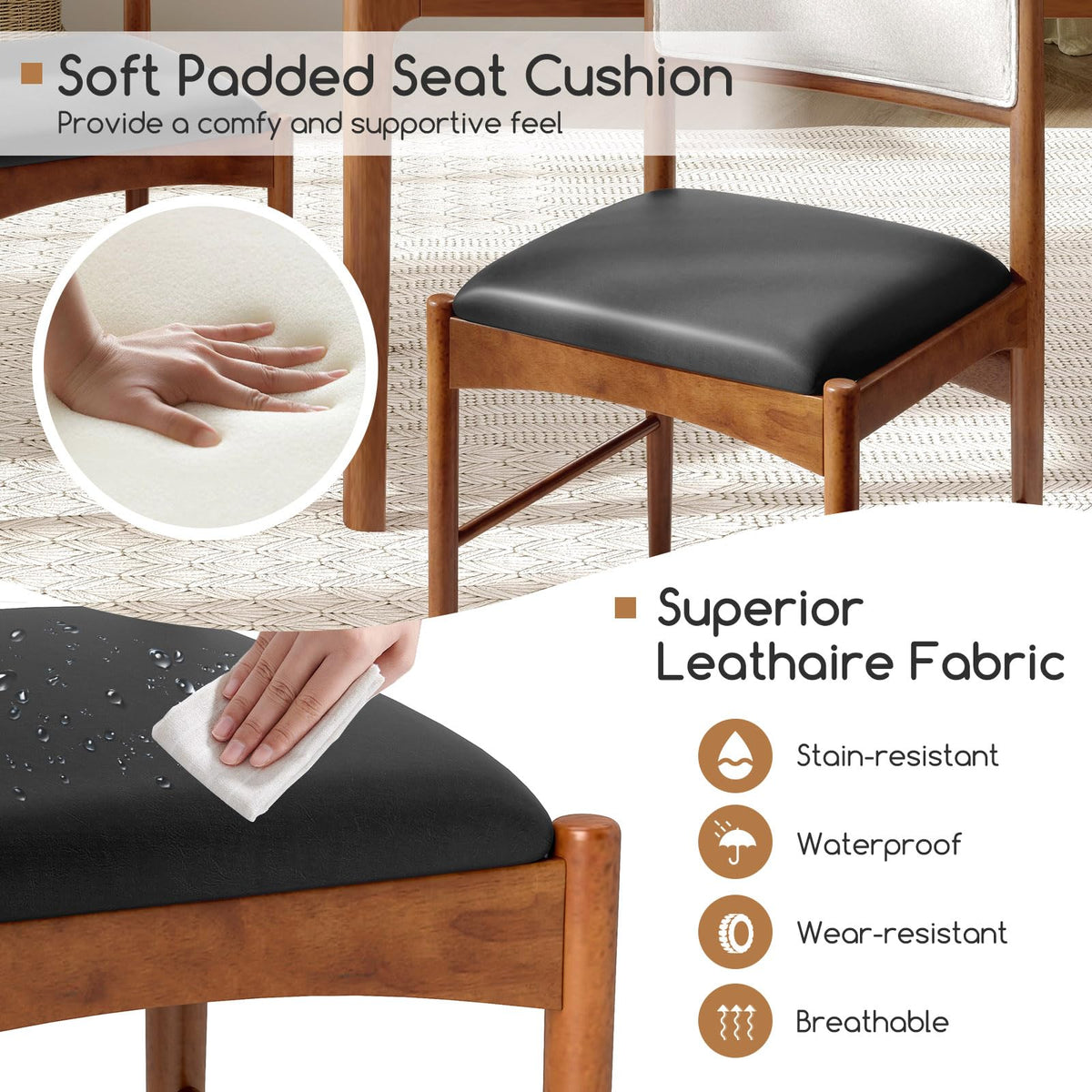 Goflame Wooden Dining Chairs, Upholstered Kitchen Chairs w/Rubber Wood Frame & Faux Leather Padded Seat