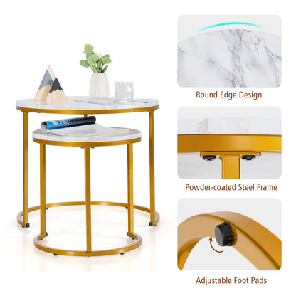 Goflame Nesting Coffee Table Set of 2, Round Stacking Side Tables with Wooden Tabletop & Powder Coated Steel Frame