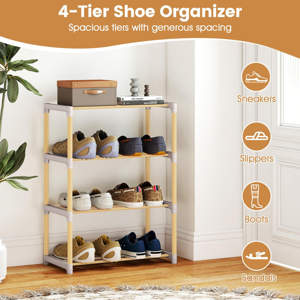 Goflame 4-Tier Stackable Pine Wood Shoe Rack for entryway
