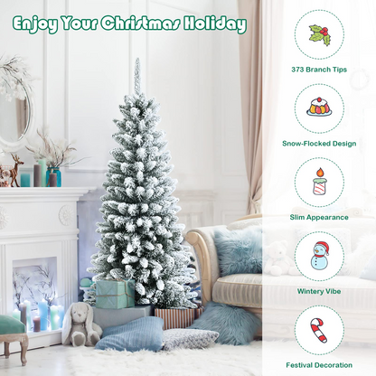 Goflame Snow Flocked Pencil Christmas Tree, Hinged Artificial Slim Xmas Tree - GoflameUS