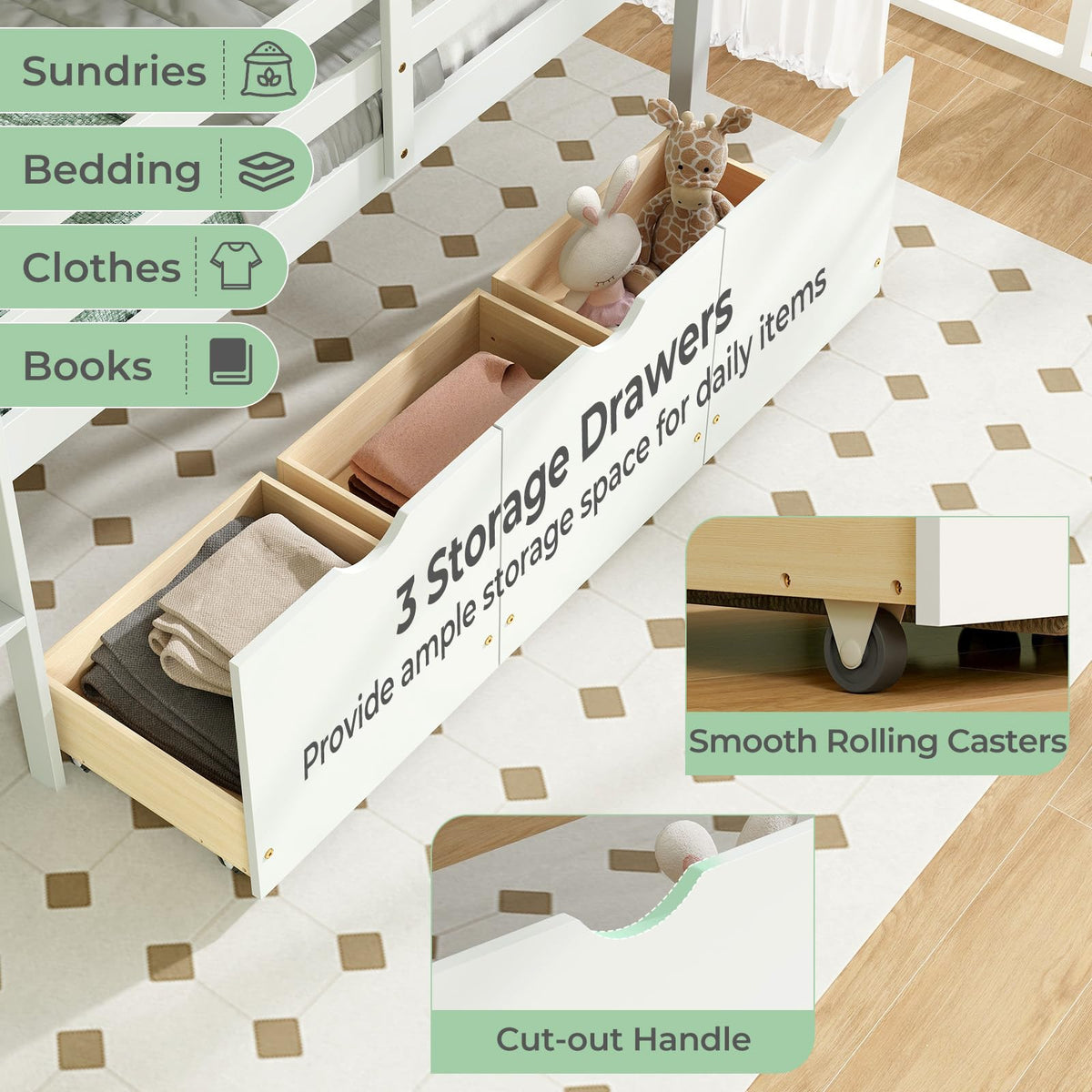 Goflame Twin Low Loft Bed with 3 Drawers, Wooden Loft Bed Frame with Ladder & Full-length Guardrails