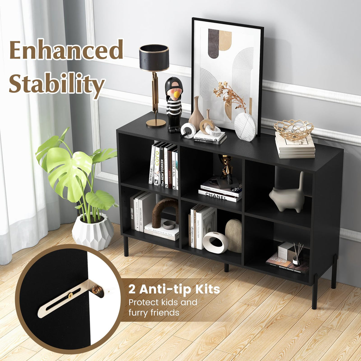 Goflame 6 Cube Bookcase, 3-Tier 47" Long Wood Bookshelf w/ 5 Metal Legs, Adjustable Shelf, Anti-toppling Device