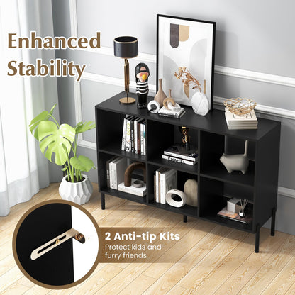 Goflame 6 Cube Bookcase, 3-Tier 47" Long Wood Bookshelf w/ 5 Metal Legs, Adjustable Shelf, Anti-toppling Device