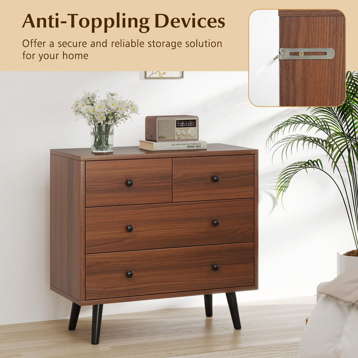 Goflame 4-Drawers Dresser for Bedroom | Wide Wooden Chest Drawers with Anti-Toppling Devices