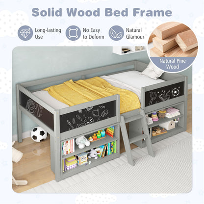 Goflame Low Loft Bed Twin Size, Wooden Loft Bed with Ladder & Blackboard