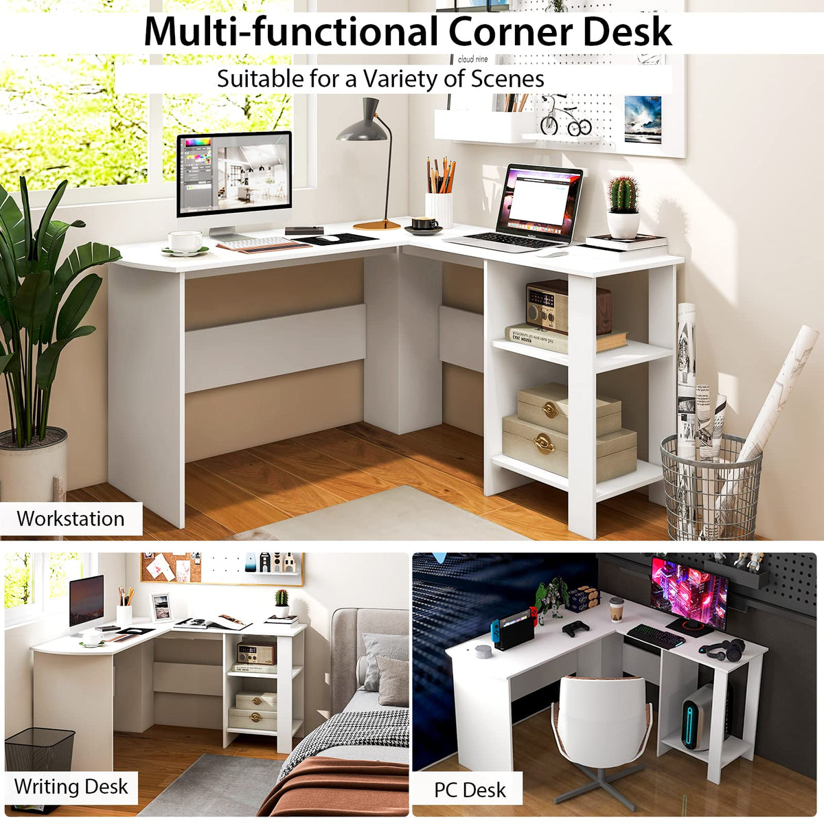Goflame L Shaped Computer Desk, 51" Large Corner Desk with 2 Cable Holes & 2 Storage Shelves, White