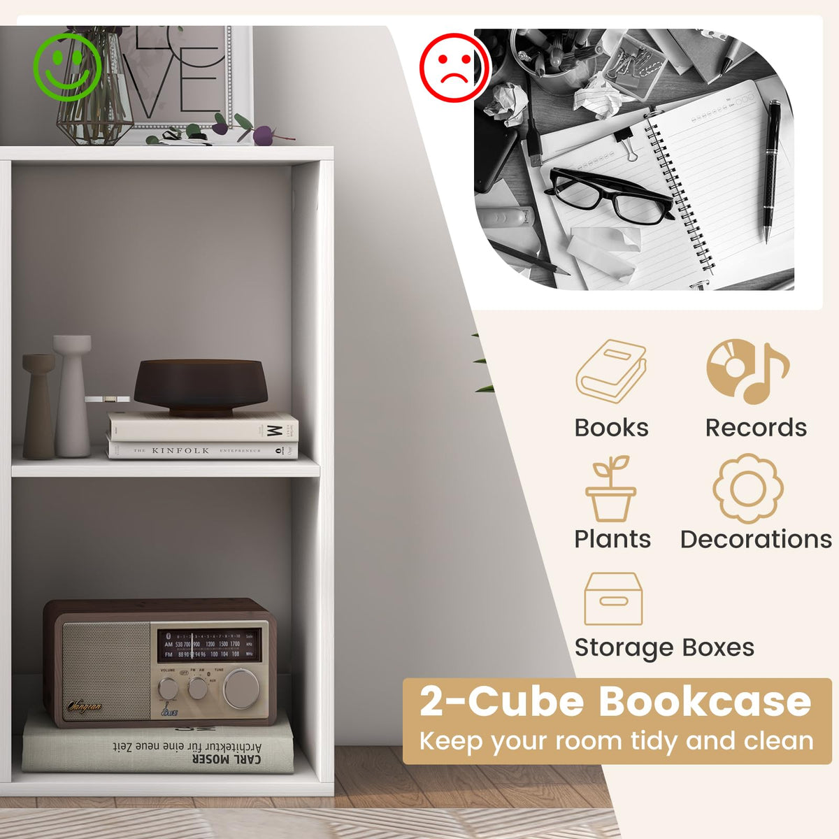 Goflame 2-Cube Bookcase, White Cubby Bookshelf w/Back Guardrail & Anti-Tipping Kits