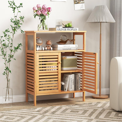 Goflame Storage Cabinet, Bamboo Bathroom Floor Cabinet with Double Louvered Doors