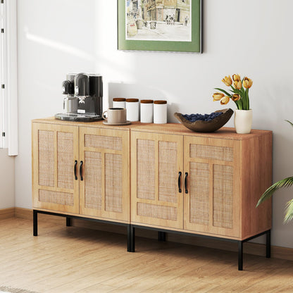 Goflame Sideboard Cabinet Boho Rattan Buffet Cabinet with Storage Adjustable Shelves 2 Doors