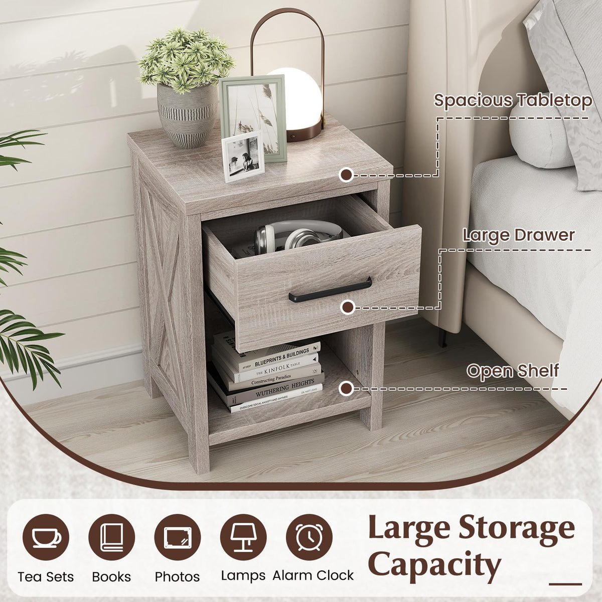 Goflame Wooden Bedside Table with Storage Drawer and Open Shelf