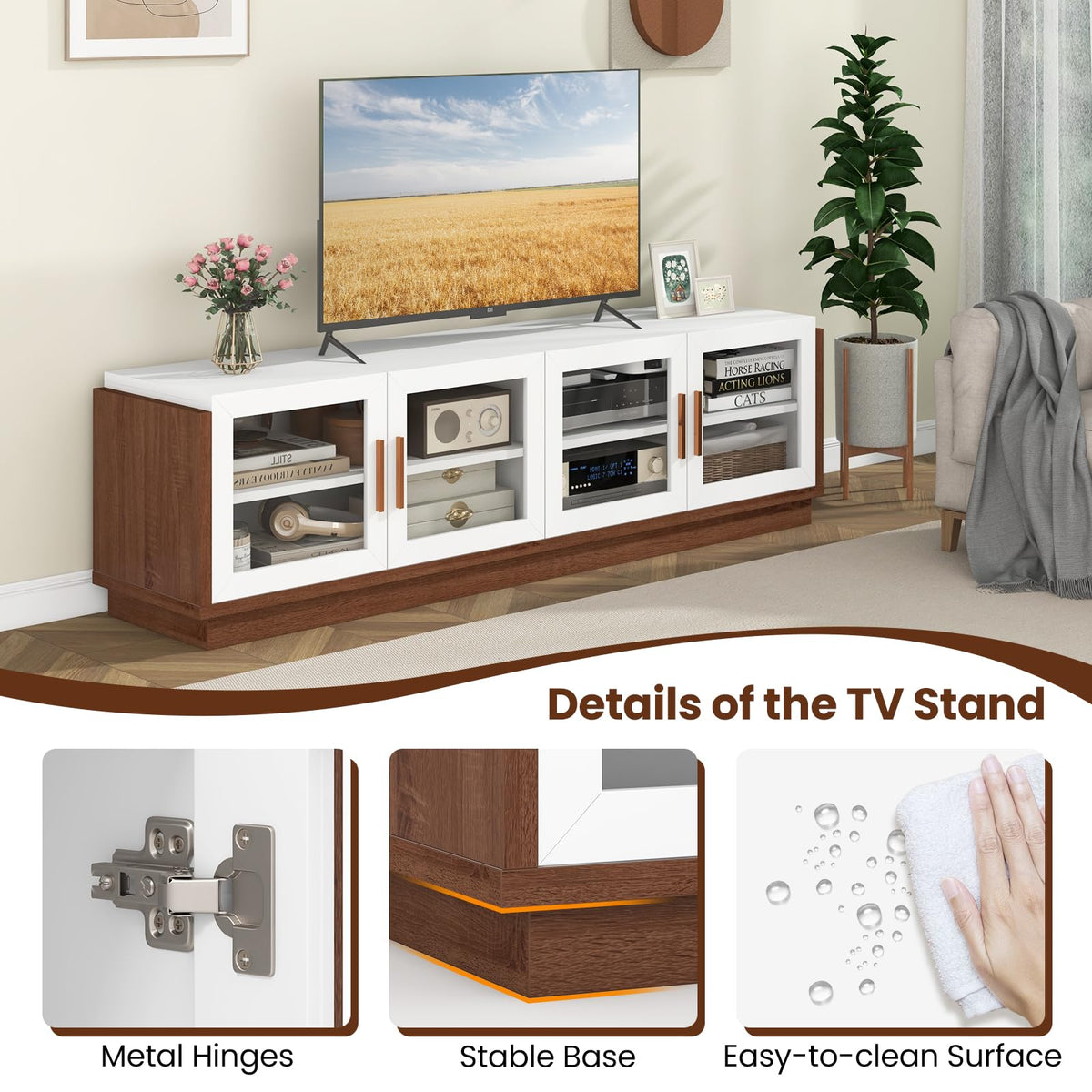 Goflame Large TV Stand for TVs up to 75”, Entertainment Center with 4 Tempered Glass Doors