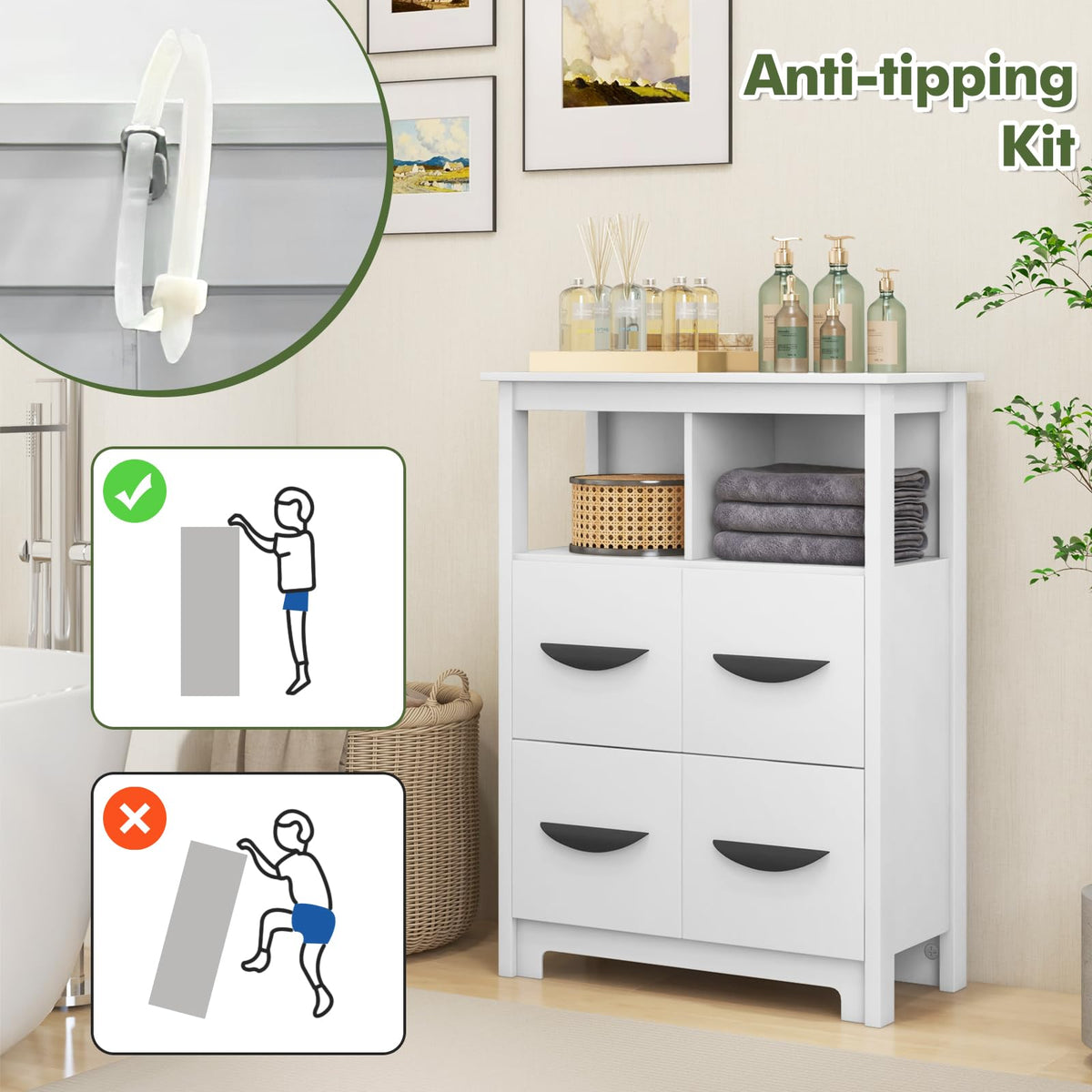 Goflame Storage Cabinet with Large Drawers, Open Storage Compartments, Anti-Tipping Kit, White