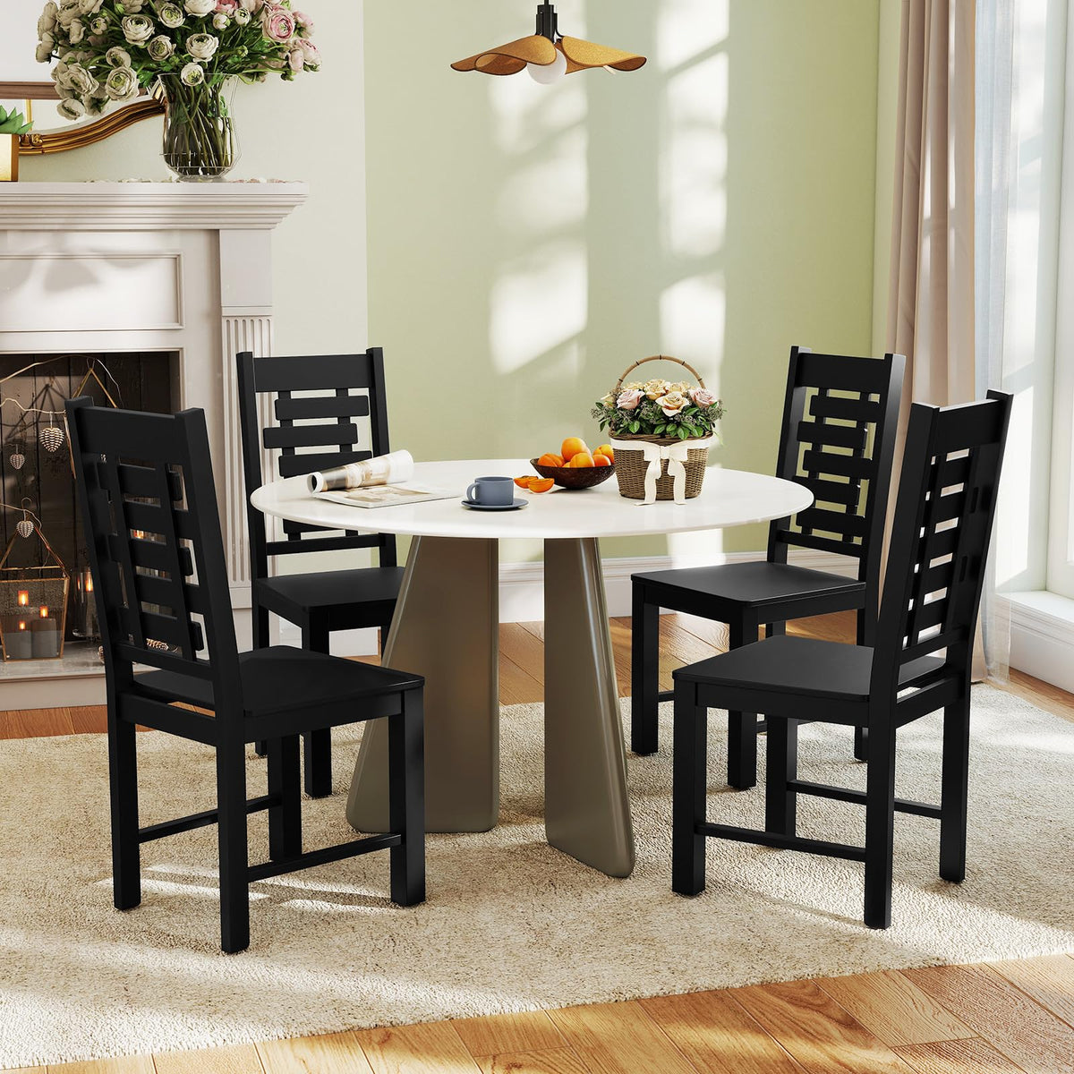 Goflame Wooden Dining Chairs Set 100% Solid Rubber Wood Kitchen Chair with High & Tilted Backrest