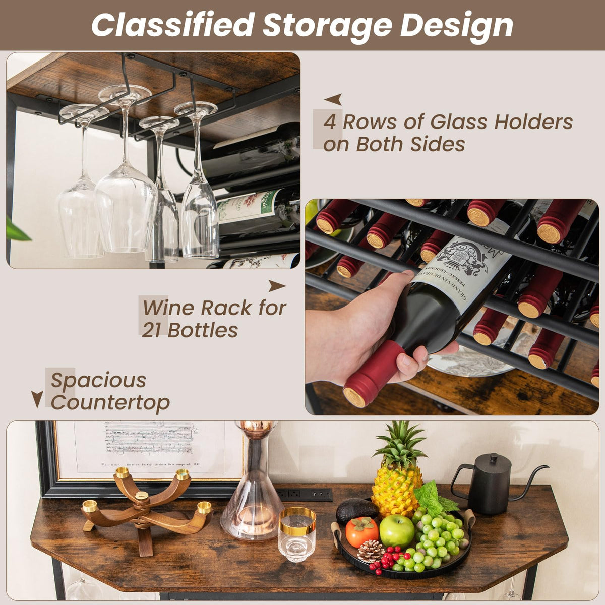 Goflame Wine Bar Cabinet with Power Outlet, Mini Coffee Bar Stand Table with 21 Bottle Wine Rack & Glass Holders