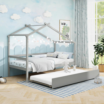 Goflame Wood House Bed for Kids, Twin Bed Frame with Trundle Bed Twin