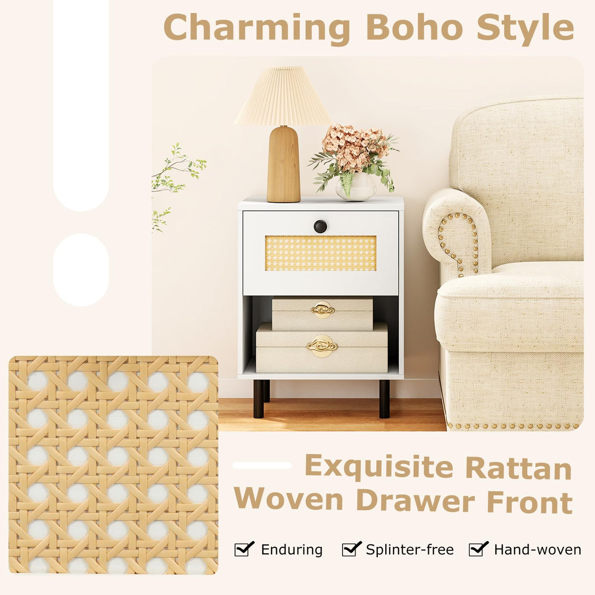 Goflame Rattan Nightstand Boho End Table with Rattan Drawer and Open Shelf