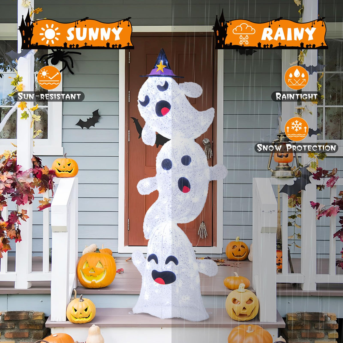 Goflame 4 Ft Halloween Decorations Outdoor Stacked Ghosts, Free-Standing Cute Yard Decorations