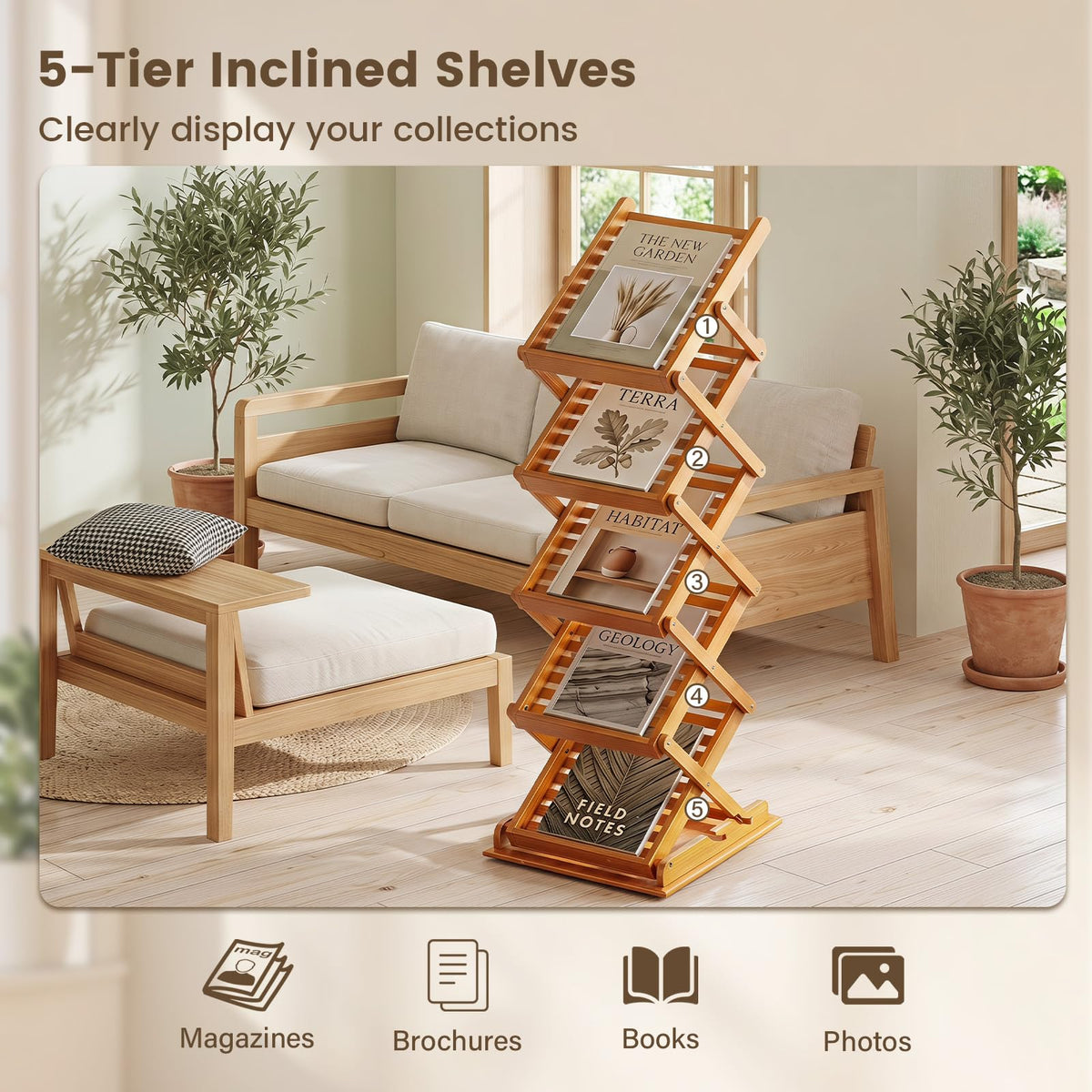 Goflame Foldable Bamboo Magazine Rack with 2 Adjustable Positions