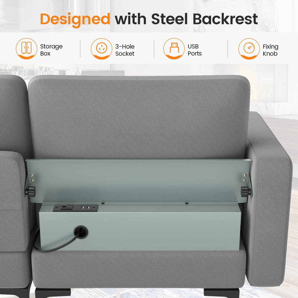 Goflame 97" Sectional Sofa Couch, 3-Seater Modular Sleeper with USB Ports