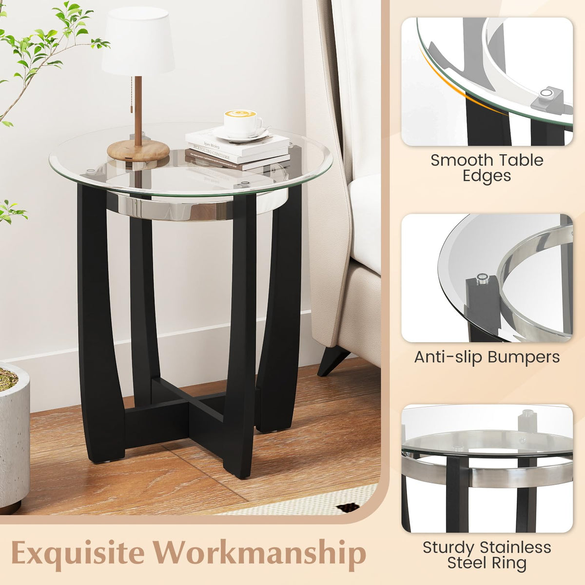 Goflame Round Glass End Table - 24’’ Side Table with Tempered Glass Top