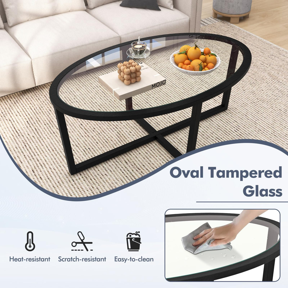 Goflame Glass Coffee Table, 46.5" Oval Accent Sofa Tea Table with Tempered Glass Top, Cross Base & Acacia Wood Legs