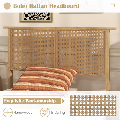 Goflame Queen/Full/Twin Size Bed Frames with Rattan Headboard, Boho Solid Wood Platform Bed with Wooden Slats