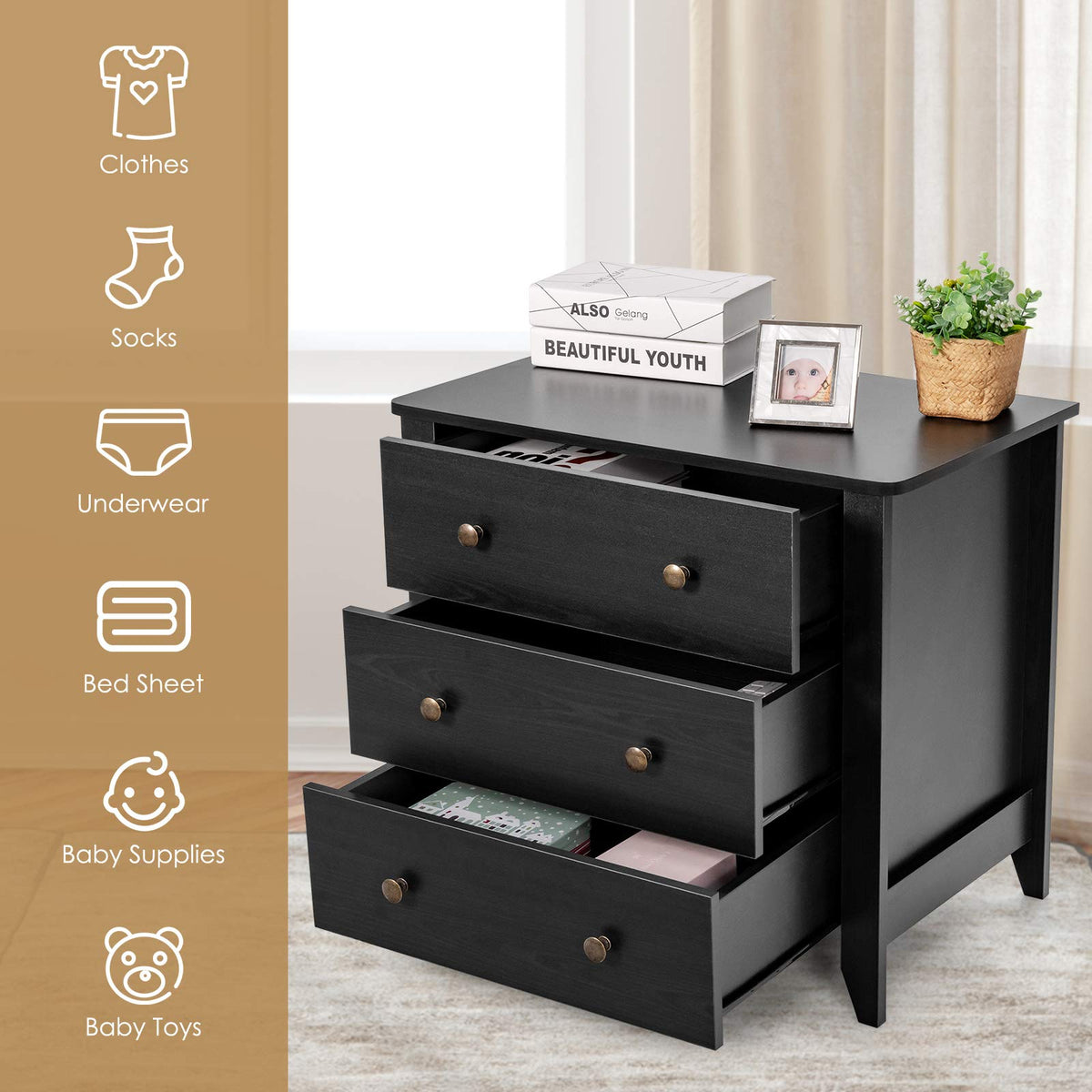 Goflame Modern Simple Dresser 3-Drawers Chest with Solid Curved Legs