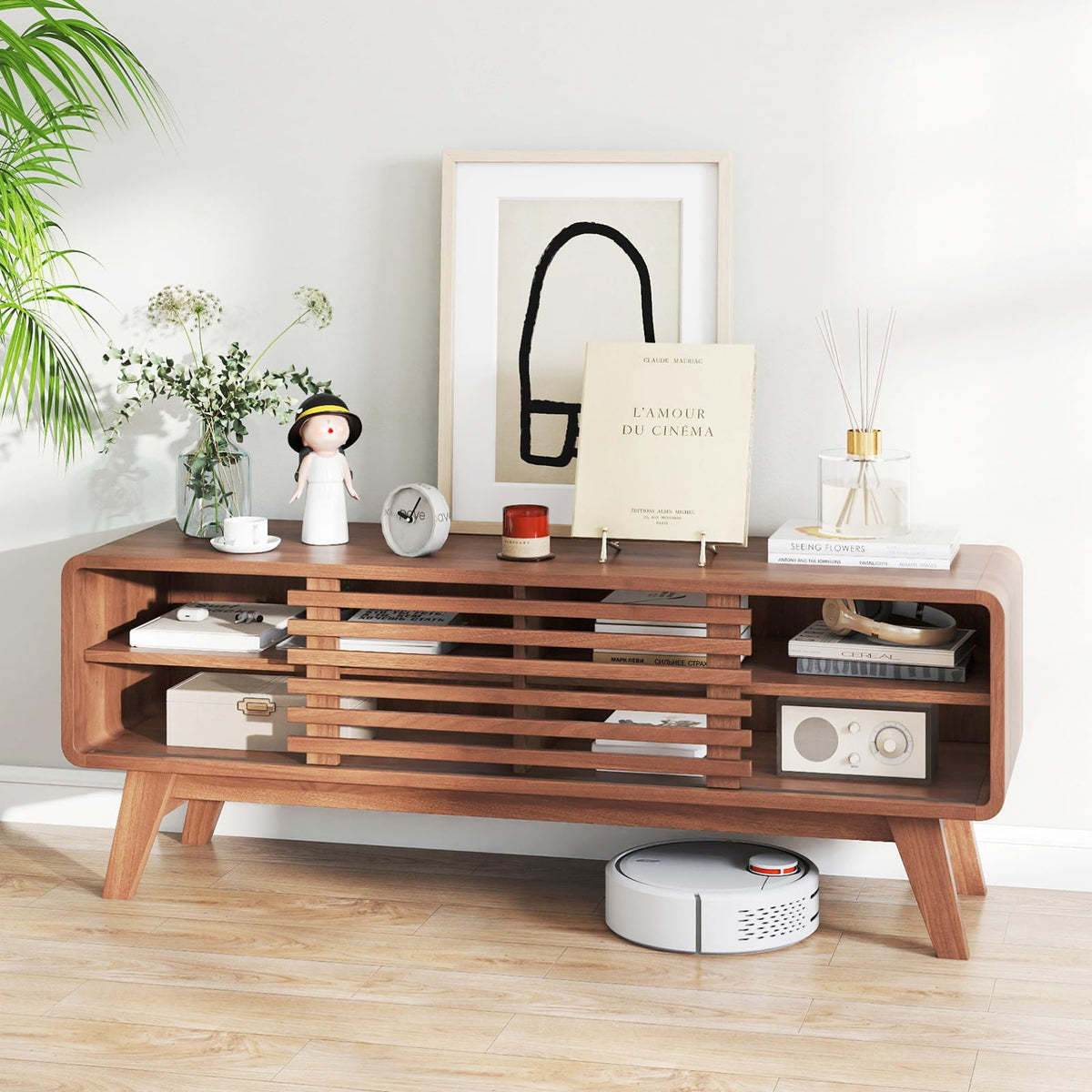 Goflame TV Stand for TVs up to 55" with Sliding Door and Adjustable Shelves for Living Room