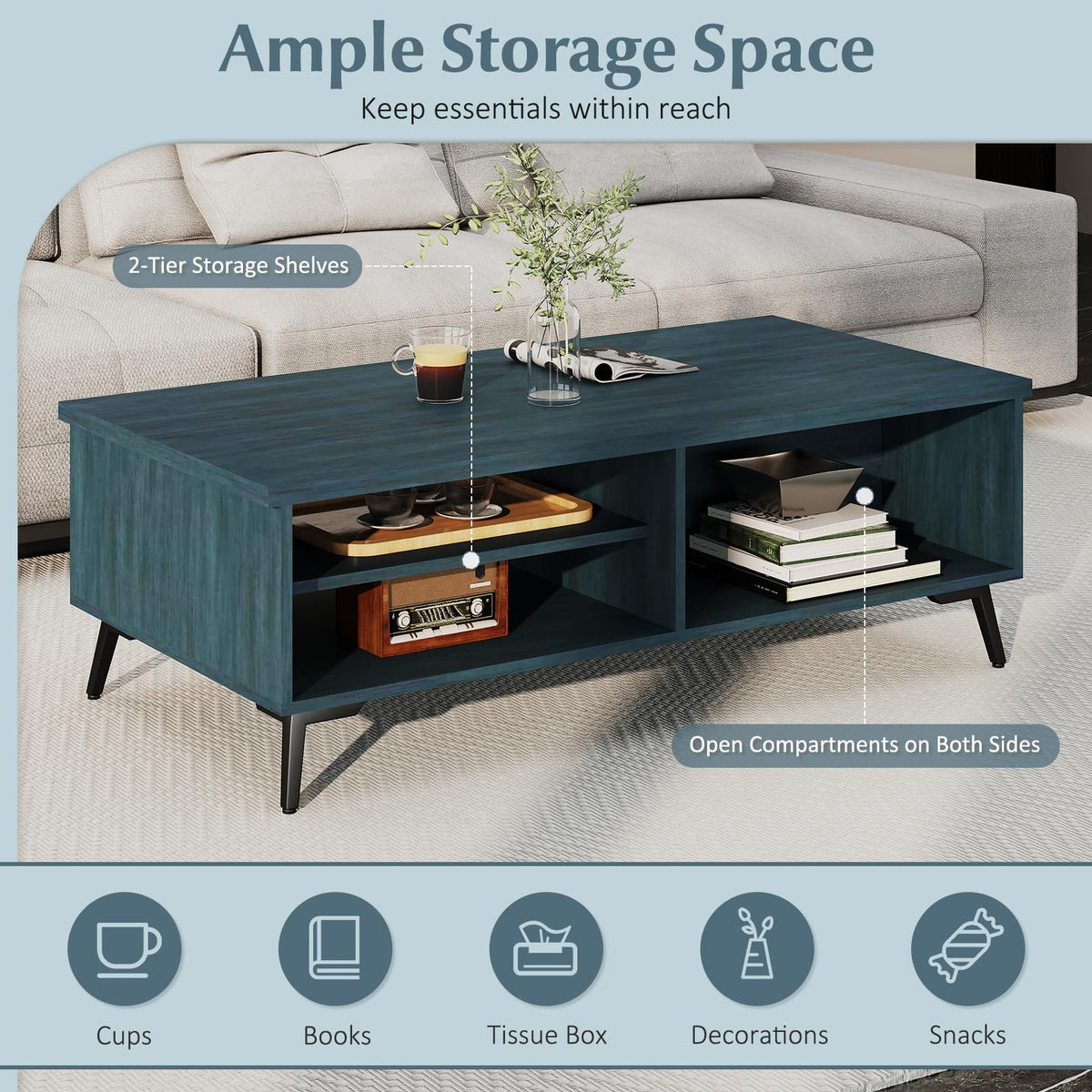 Goflame 2-Tier Mid Century Modern Coffee Table with Storage Shelves Compartments