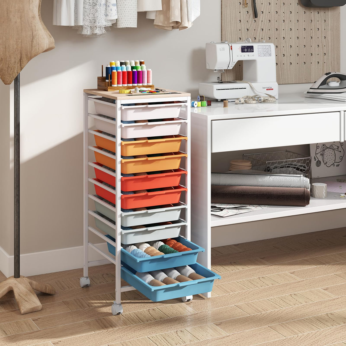 Goflame 10-Drawer Rolling Storage Cart Mobile Utility Organizer with Wooden Tabletop and Lockable Wheels