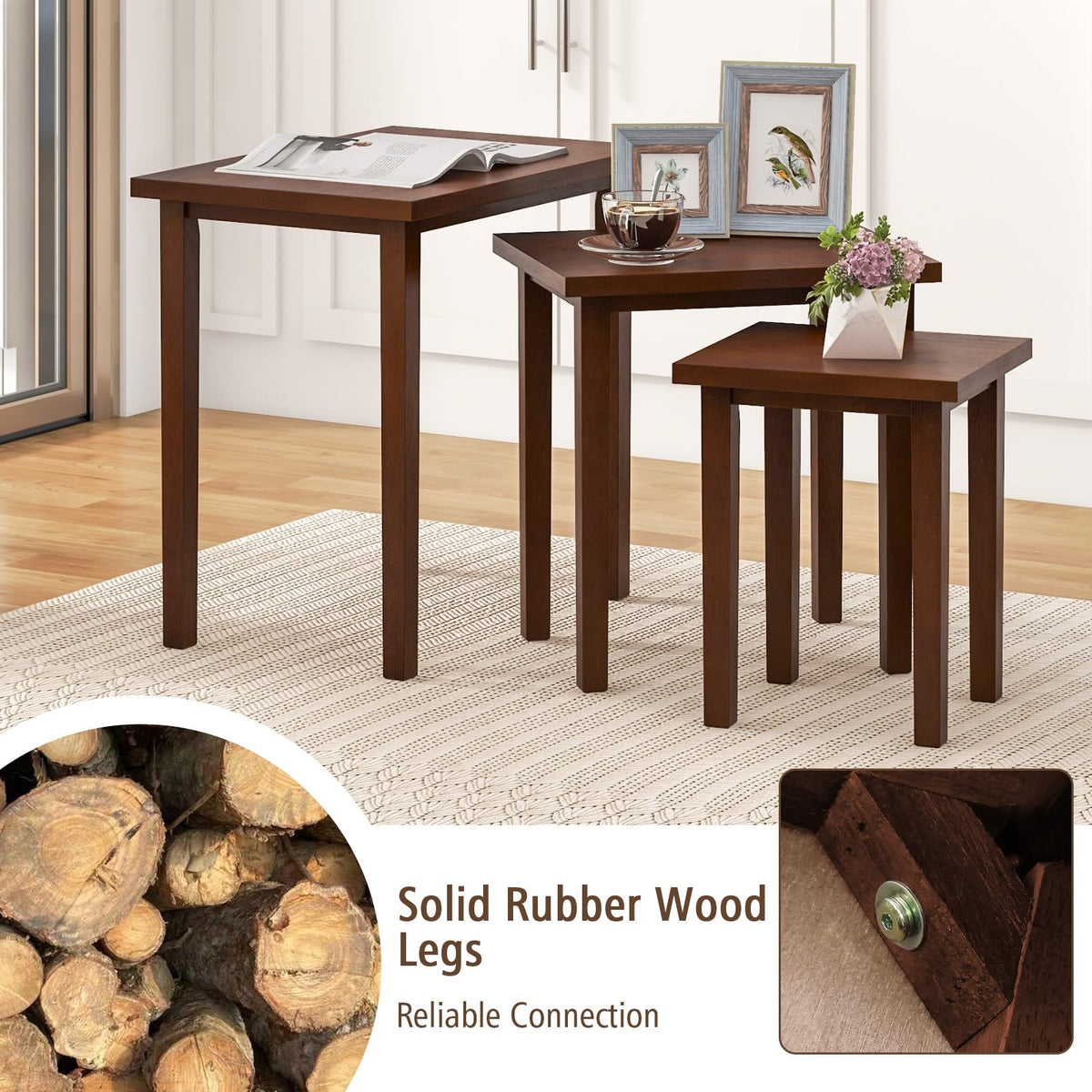 Goflame Nesting Tables Set of 3, Farmhouse Stacking Side Tables with Rubber Legs
