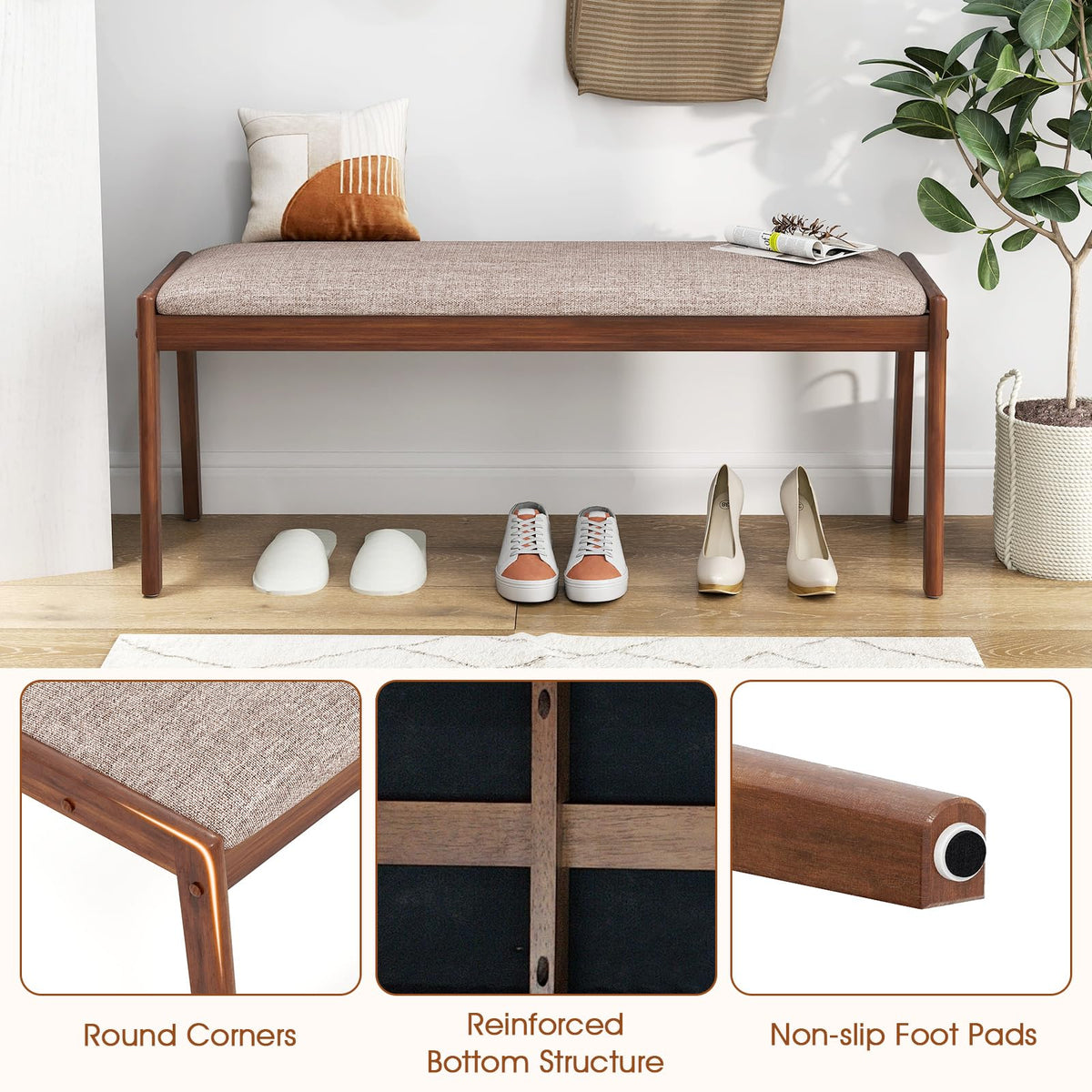 Goflame 45" Upholstered Entryway Bench with Rubber Wood Legs and Fabric Padded Seat