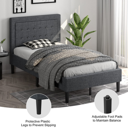 Modern Twin Size Platform Bed w/Button Tufted Headboard | Upholstered Bed Frame