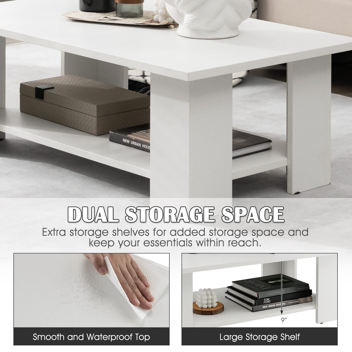 Goflame Wood Coffee Table w/Storage Shelf, 36"L 2-Tier Large Modern Tea Table, White