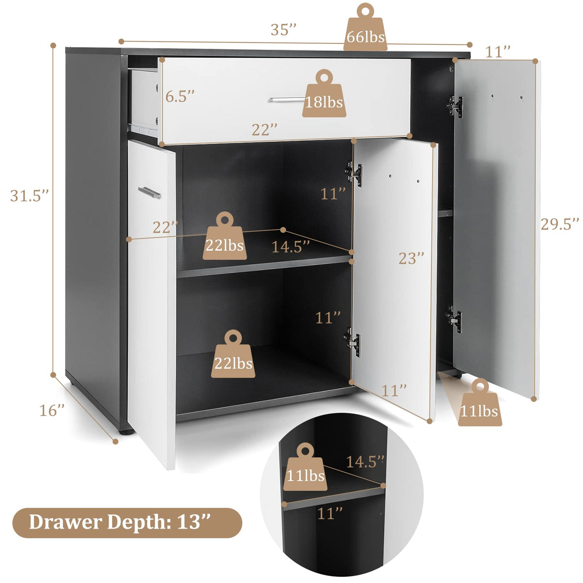 Goflame Buffet Cabinet with Storage, 3 Door Kitchen Cupboard with Large Drawer, Adjustable Shelf