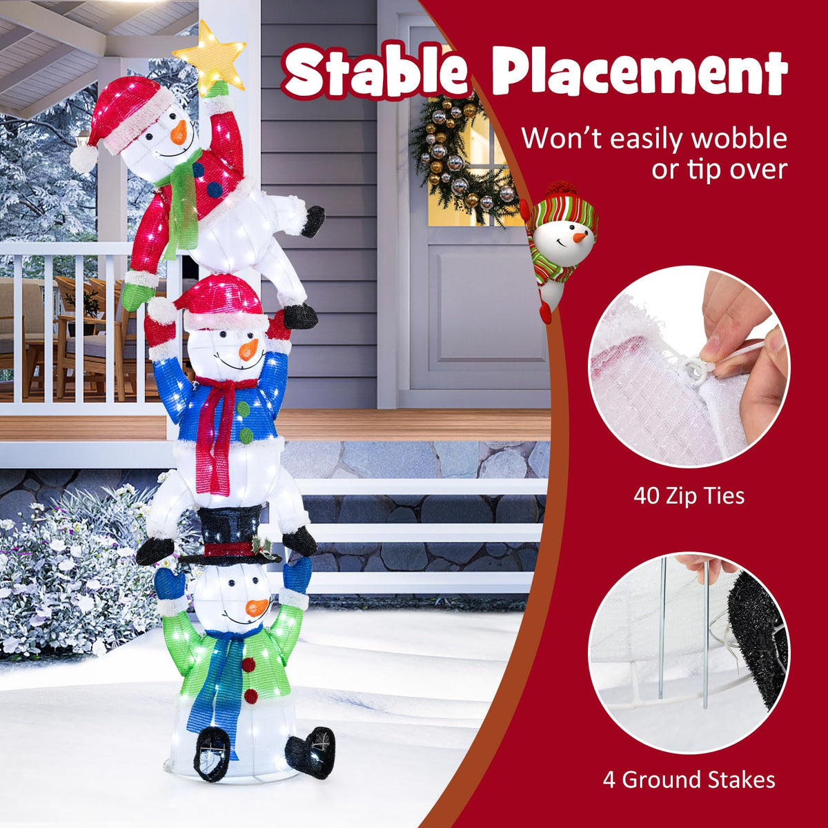 Goflame 6 ft Christmas Stacked Snowman, 3D Pre-Lit Snowman Decoration w/ 155 LED Lights