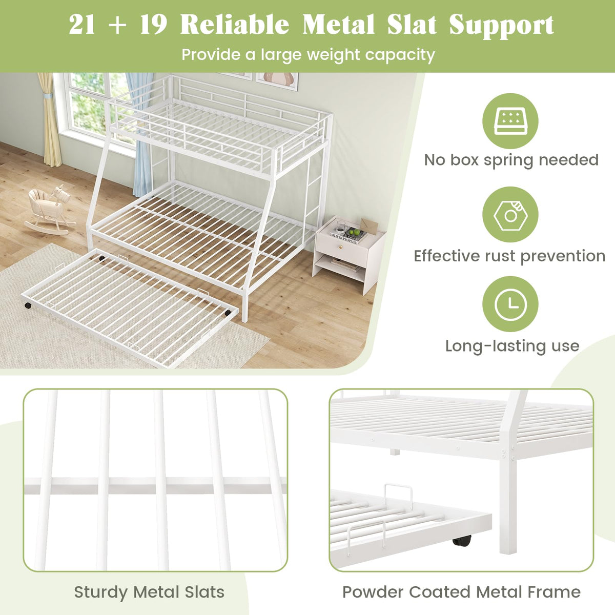 Goflame Twin Over Full Bunk Bed with Trundle, Heavy-Duty Metal Triple Bunk Beds