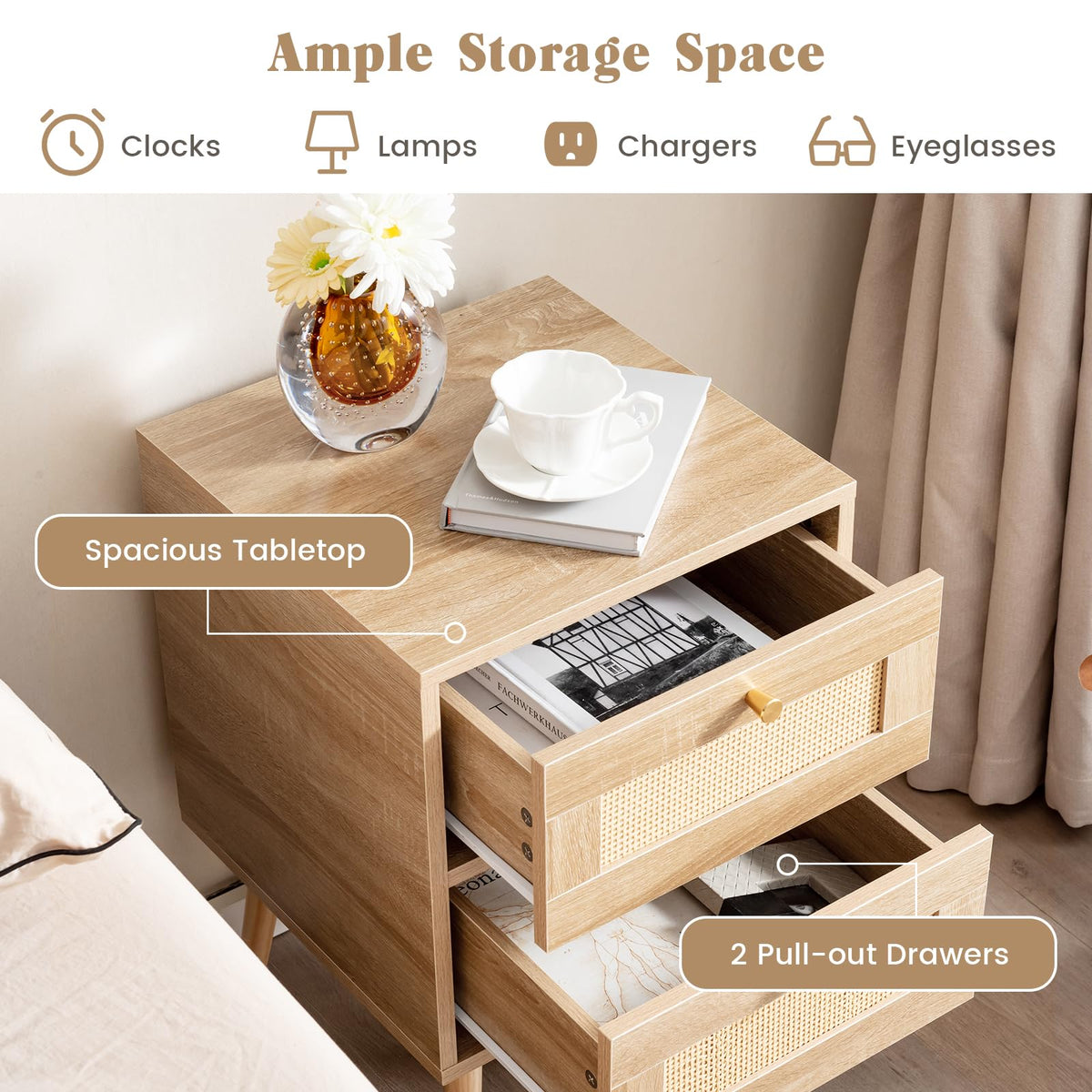 Goflame Rattan Nightstand Set of 2