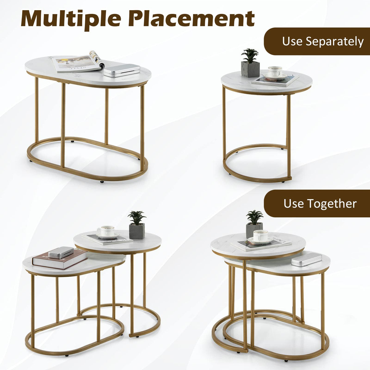 Goflame Modern Nesting Coffee Table Set of 2, Accent Marble Look Stacking Side Table for Living Room Bedroom