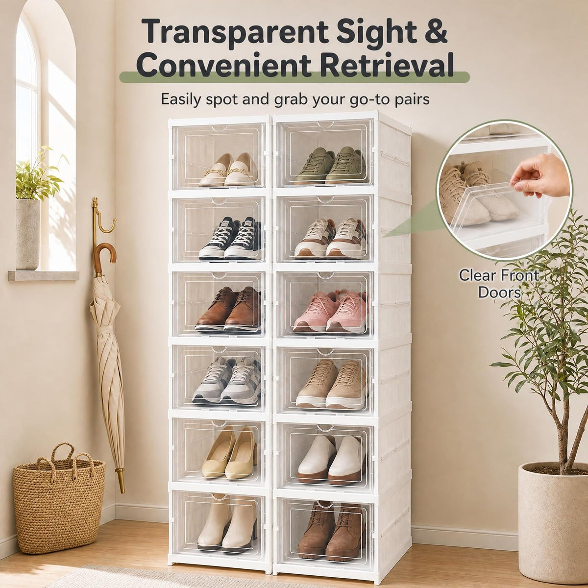 GOFLAME 6-Tier Foldable Shoe Storage Box| Stackable Space-Saving Shoe Rack Organizer Set of 2